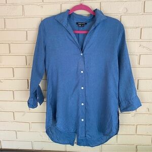 Paperwhite Top Womens Size 6 Blue Linen Button Back Blouse Minimalist Lagenlook